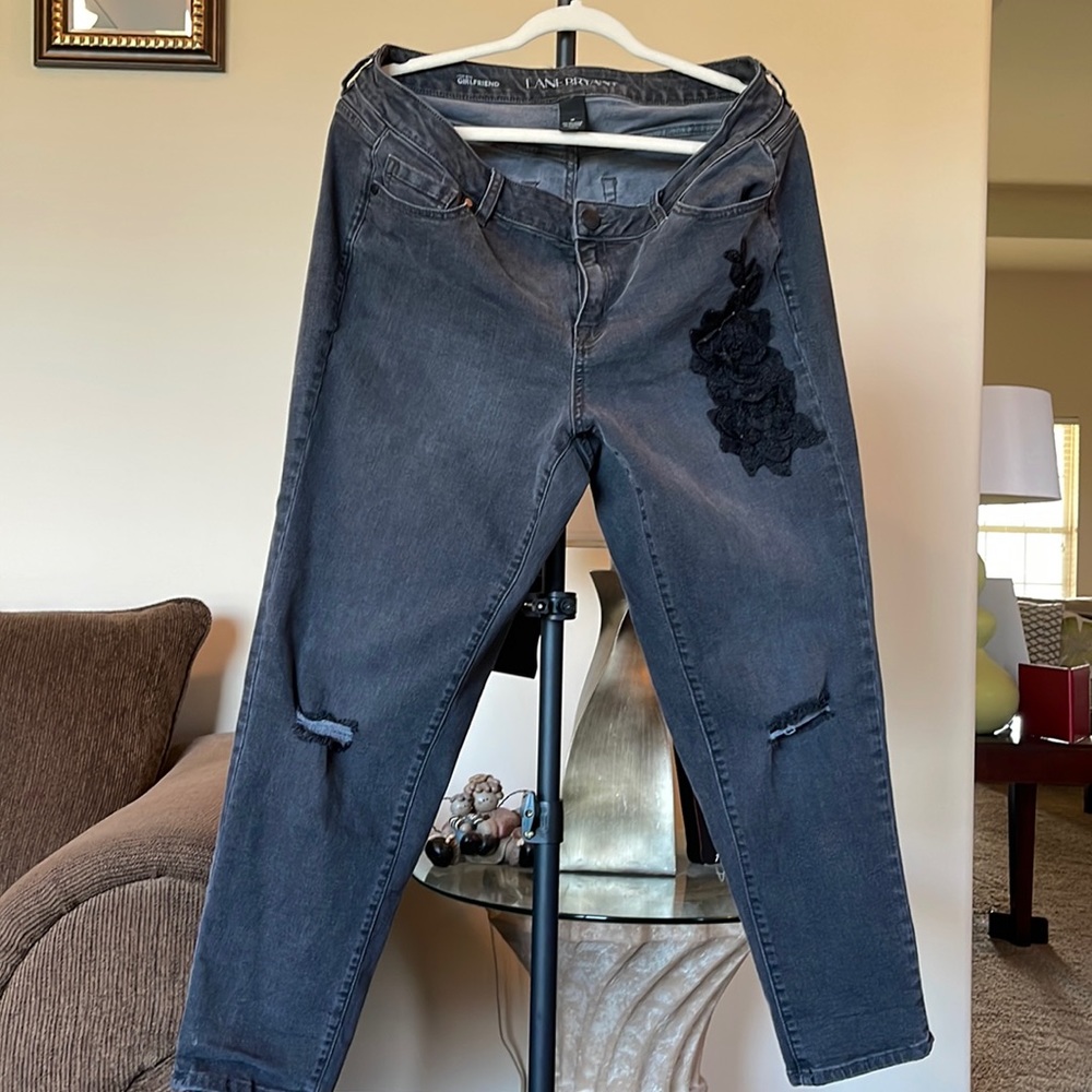Light Gray Jeans with Black Flower Patch on left side